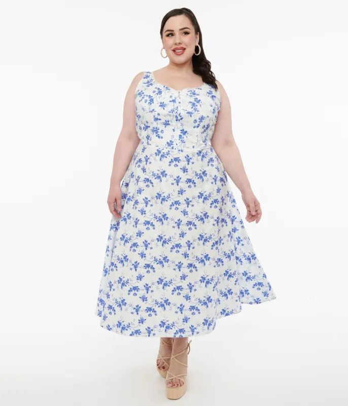 Plus Size White & Blue Floral Cotton Midi Dress sold by Unique Vintage