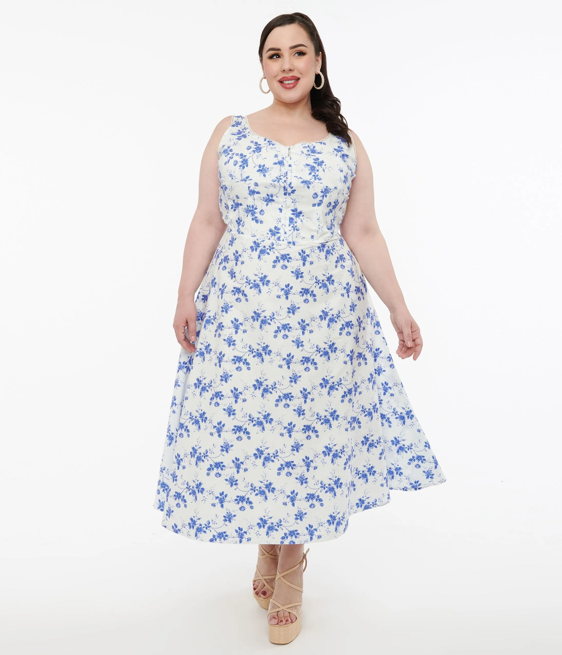 Plus Size White & Blue Floral Cotton Midi Dress sold by Unique Vintage