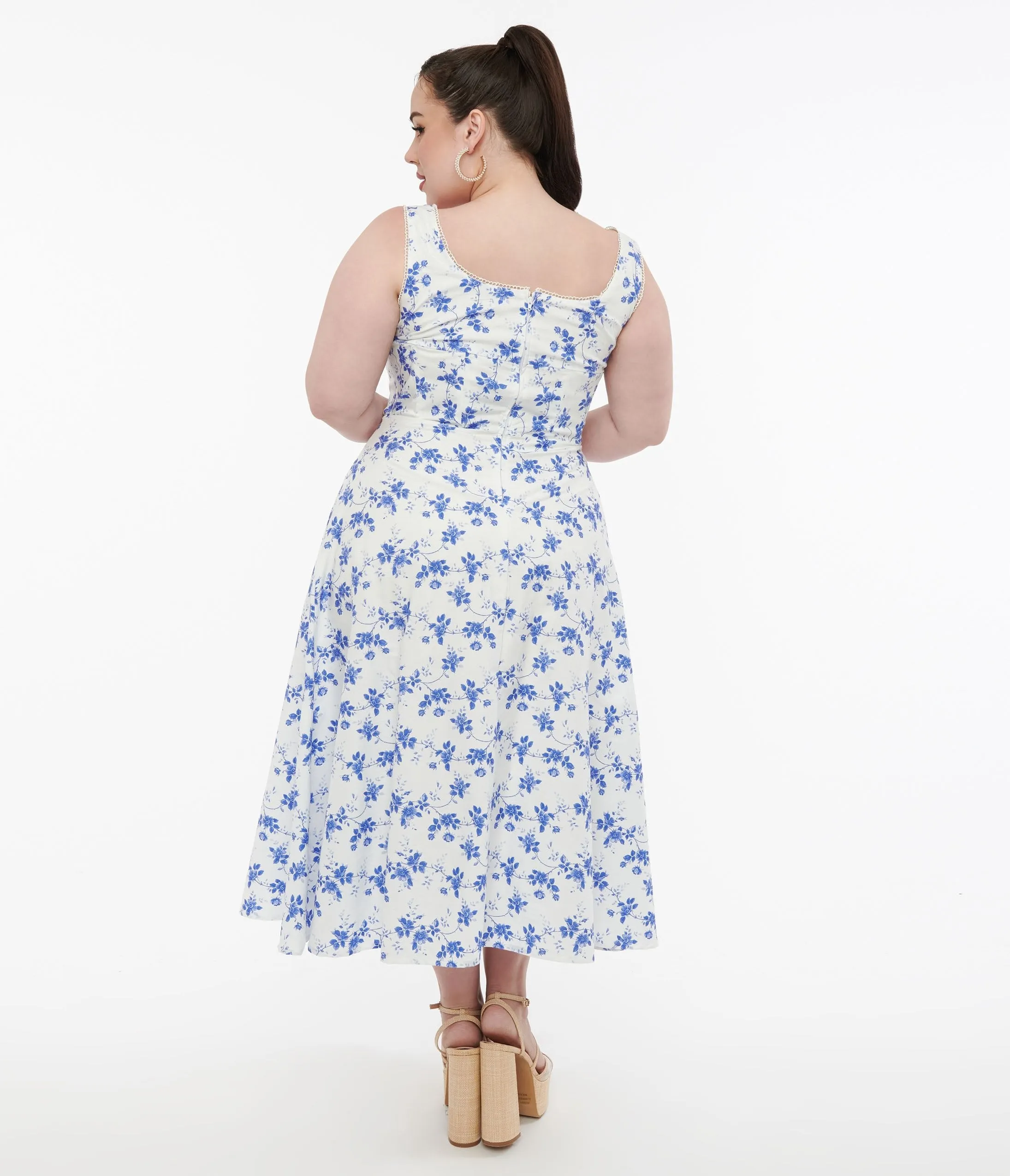 Plus Size White & Blue Floral Cotton Midi Dress sold by Unique Vintage product image thumbnail 2