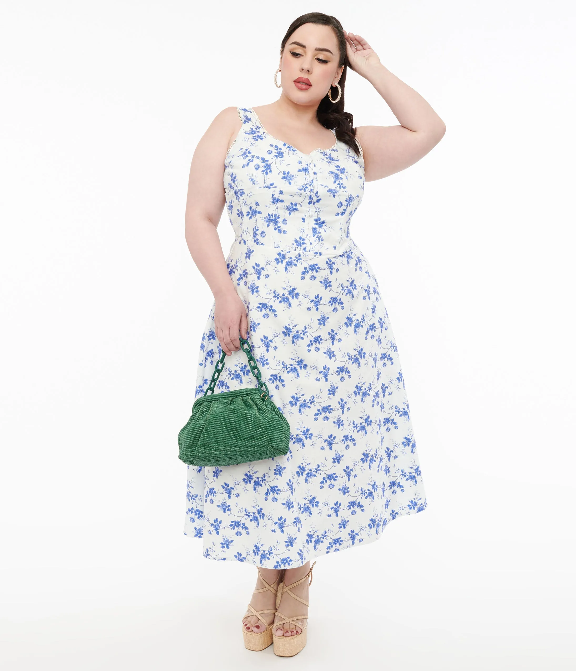 Plus Size White & Blue Floral Cotton Midi Dress sold by Unique Vintage product image thumbnail 3