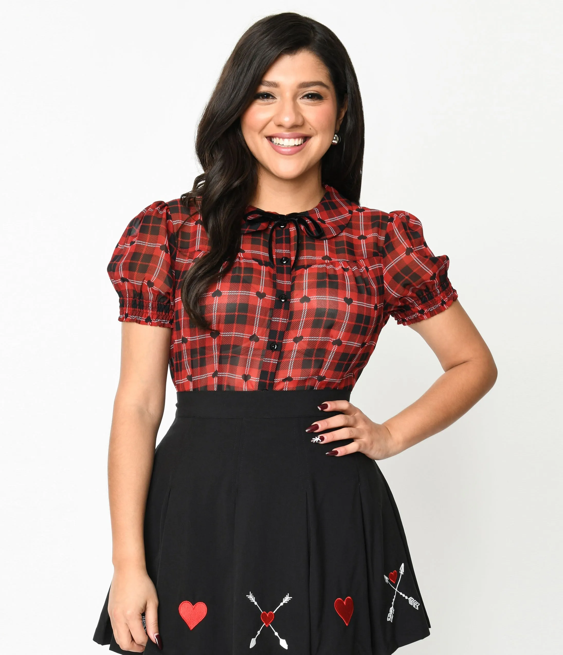 Hell Bunny Red & Black Heart Plaid Date Night Blouse sold by Unique Vintage