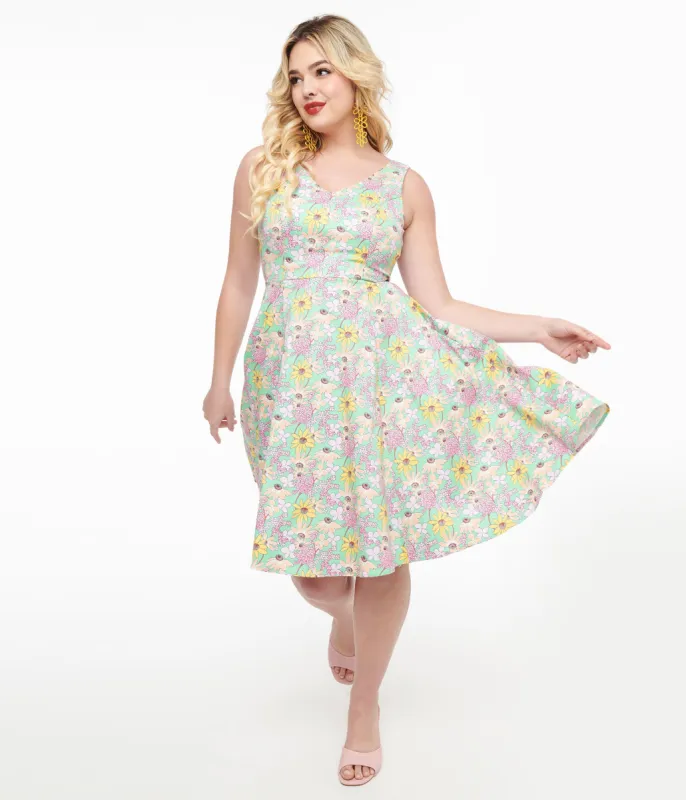 Green & Multicolor Floral Cotton Swing Dress sold by Unique Vintage