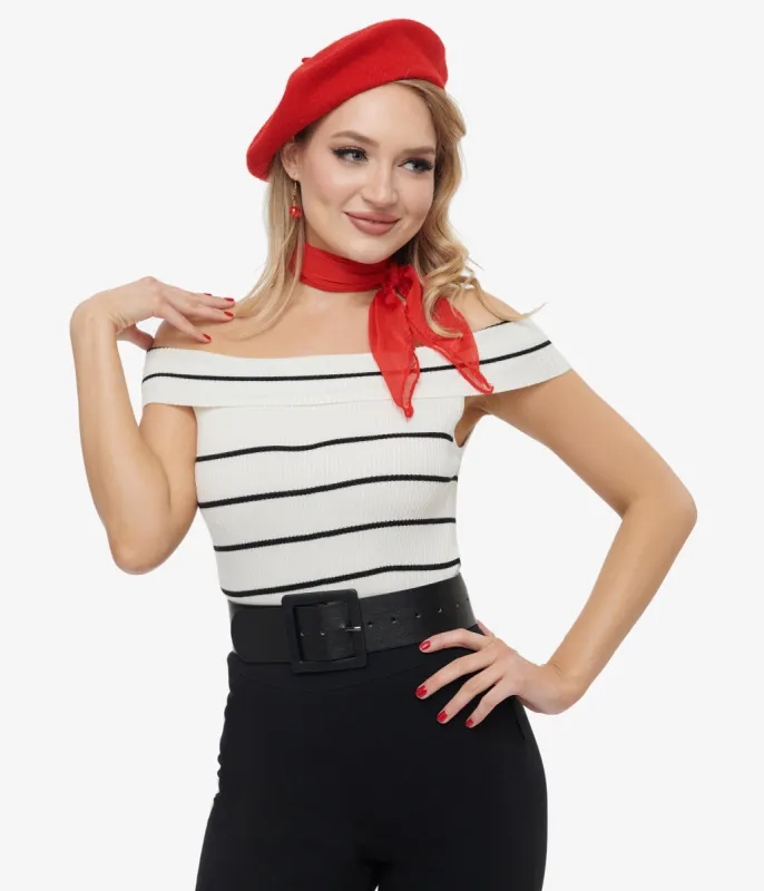 Black & White Stripe Off The Shoulder Knit Top sold by Unique Vintage