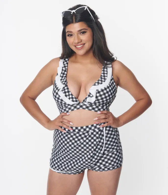 Unique Vintage Black & White Gingham Halter Swim Top sold by Unique Vintage