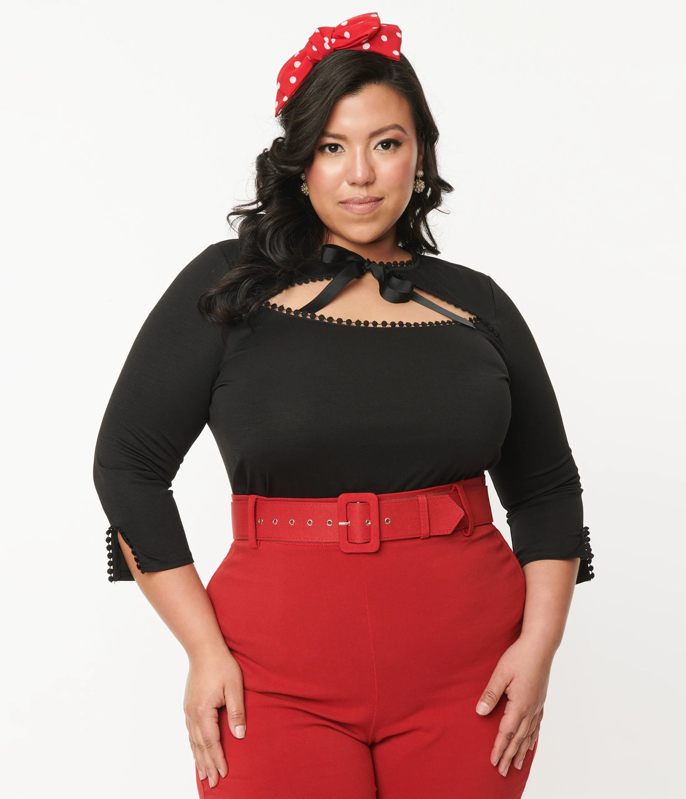 Unique Vintage Plus Size Black Cutout Neck Tie Top sold by Unique Vintage