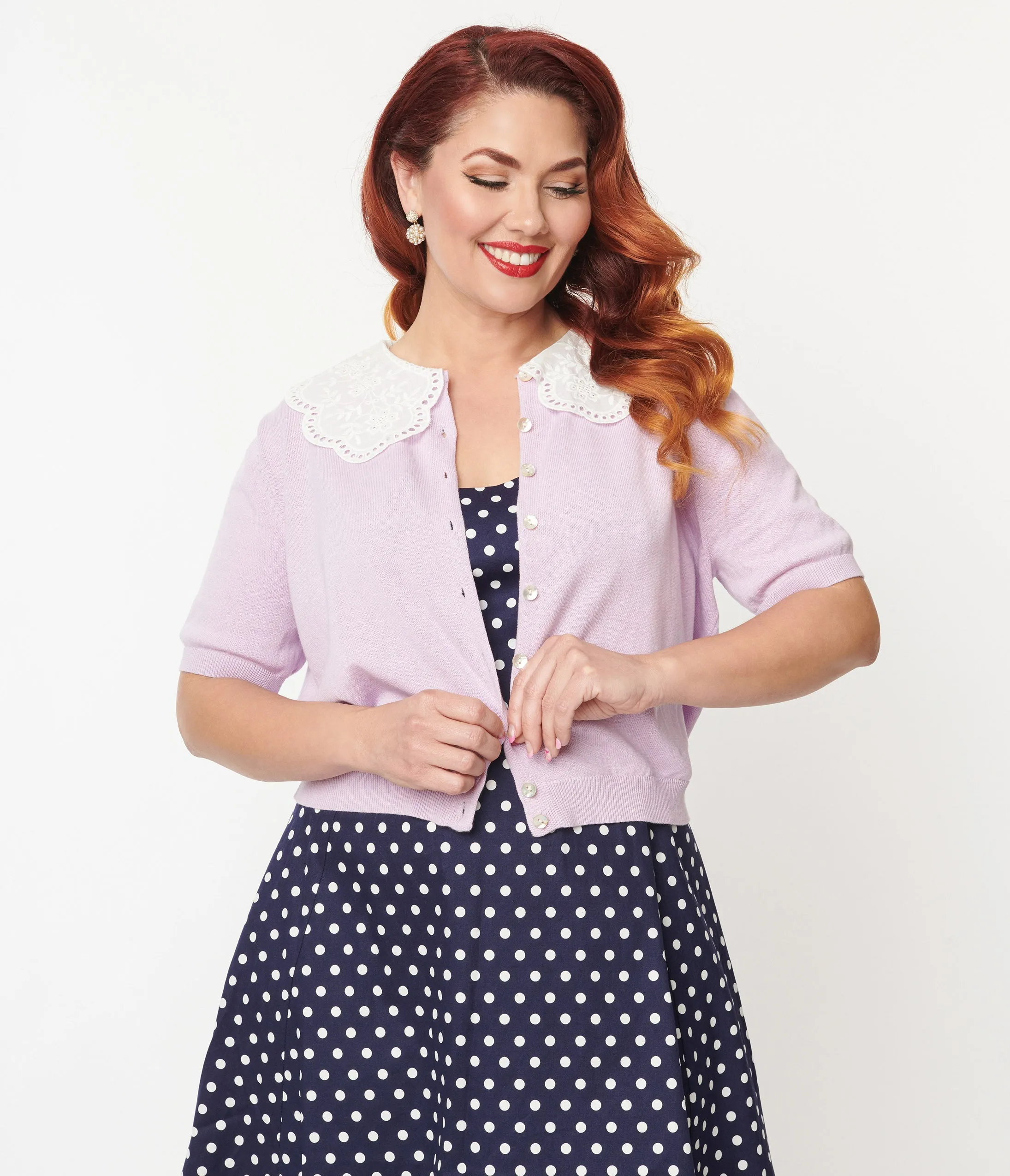 Plus Size Lilac & White Floral Collar Cardigan sold by Unique Vintage