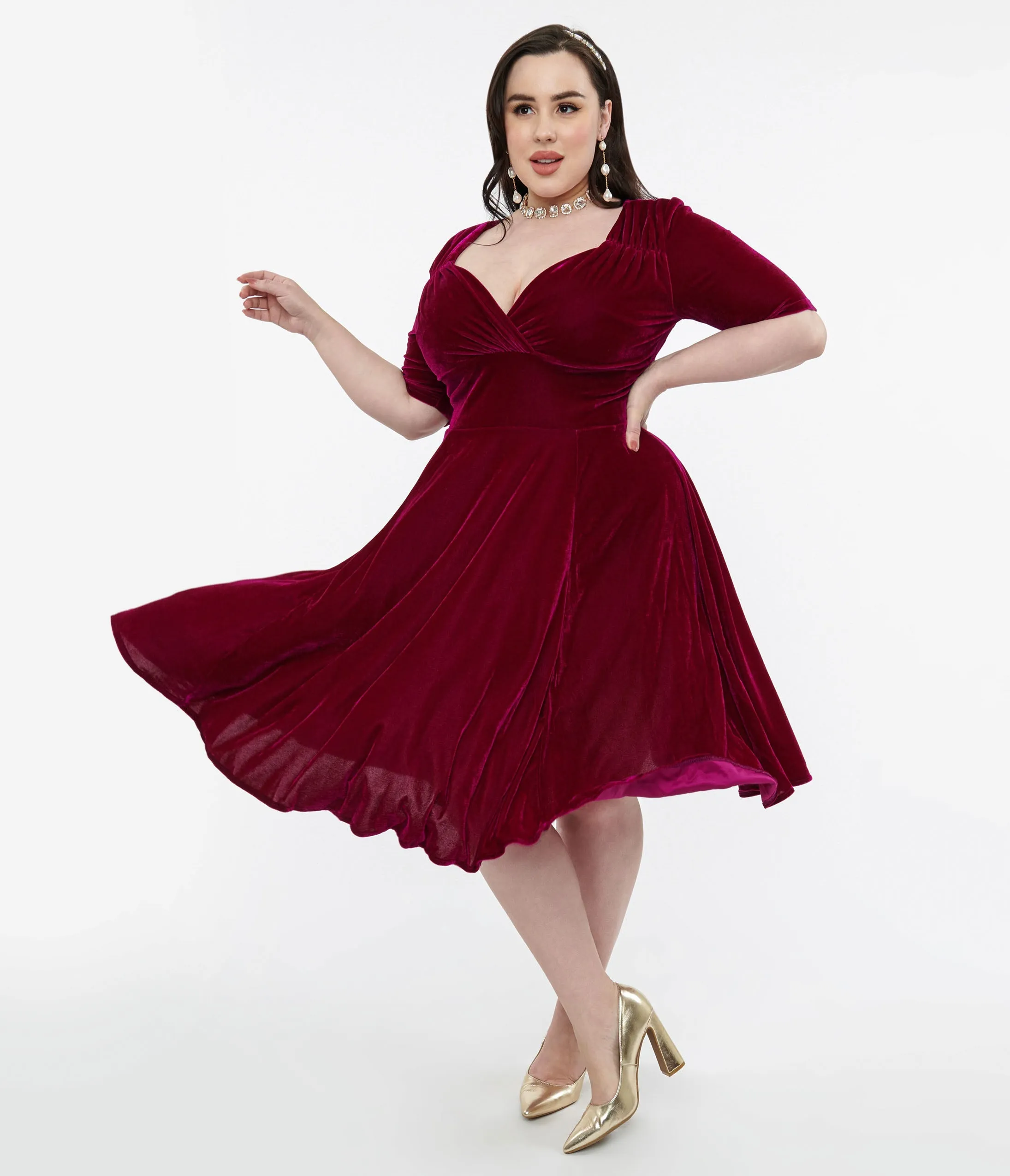 Collectif Plus Size Plum Velvet Trixie Flare Dress | Parallel