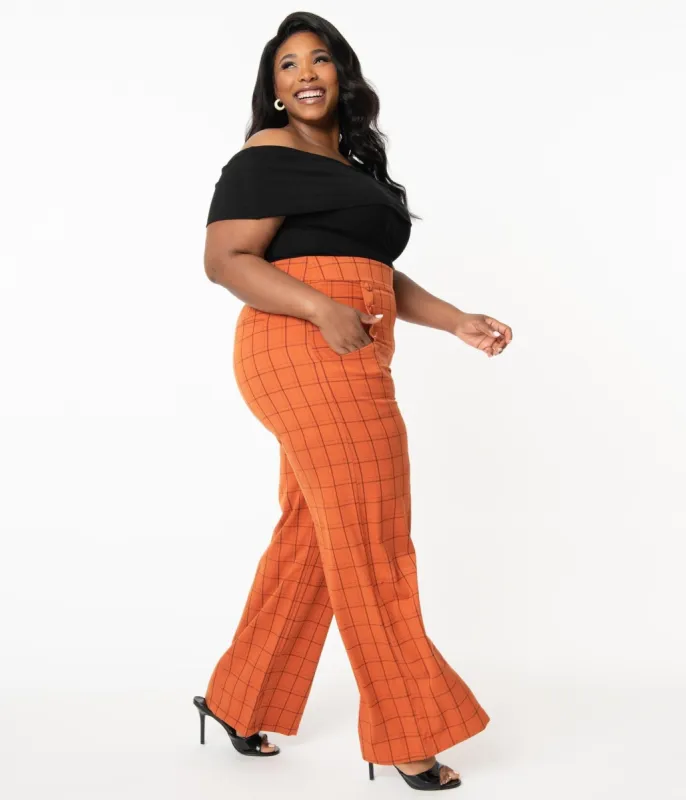 Unique Vintage Plus Size 1940s Orange Windowpane High Waist Ginger Pants sold by Unique Vintage