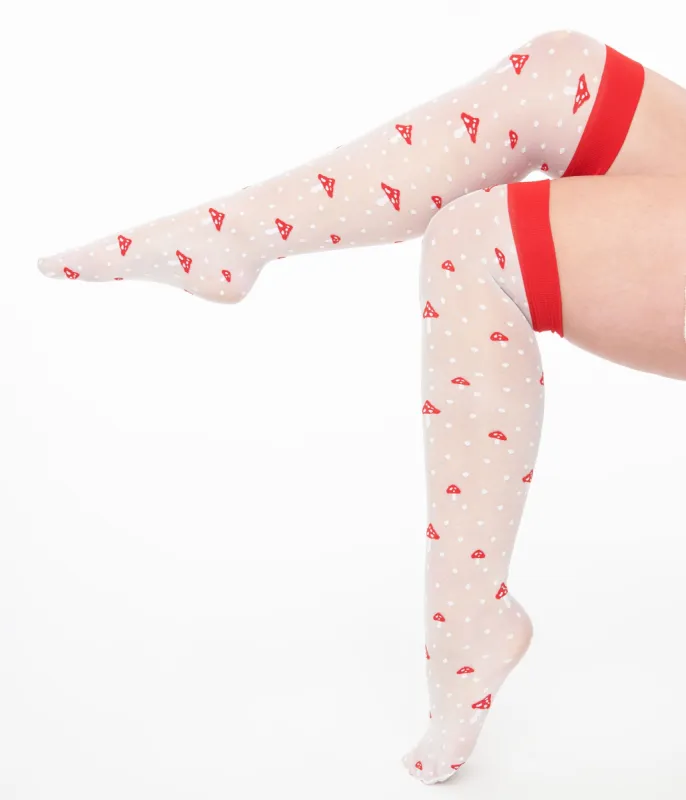 Sheer Red Mushroom & White Dot Thigh High Socks sold by Unique Vintage