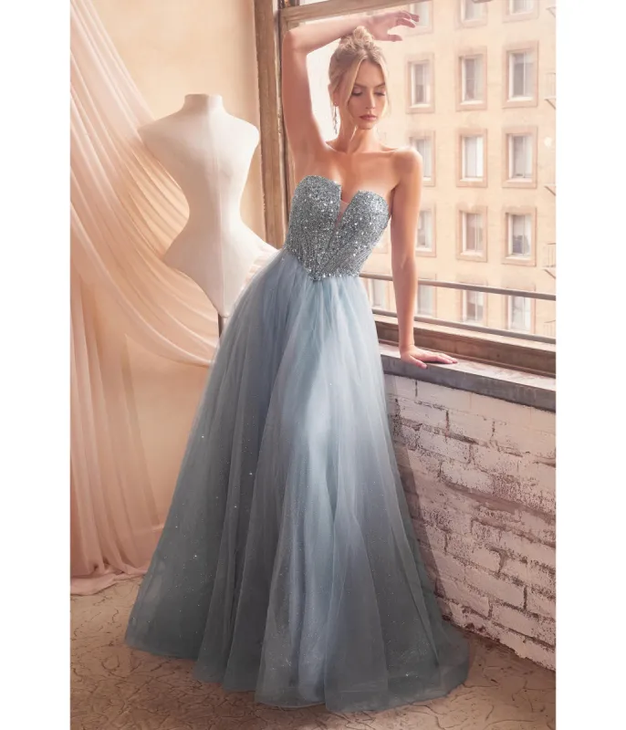 Ladivine by Cinderella Divine Smoky Blue Glitter Bodice & Tulle Prom Ball Gown sold by Unique Vintage
