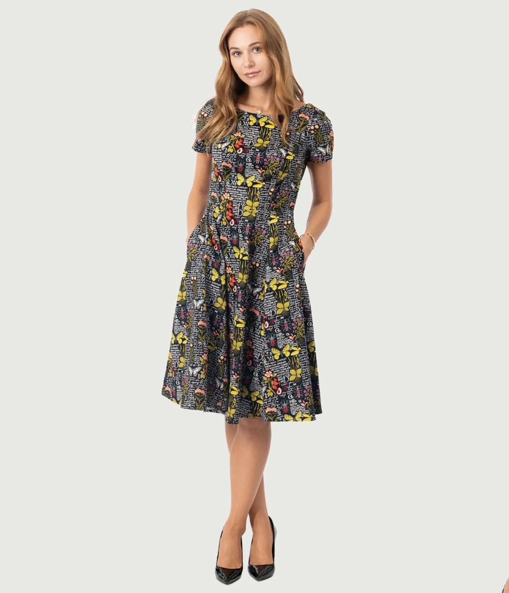 Black & Botanical Butterfly Print Swing Dress sold by Unique Vintage