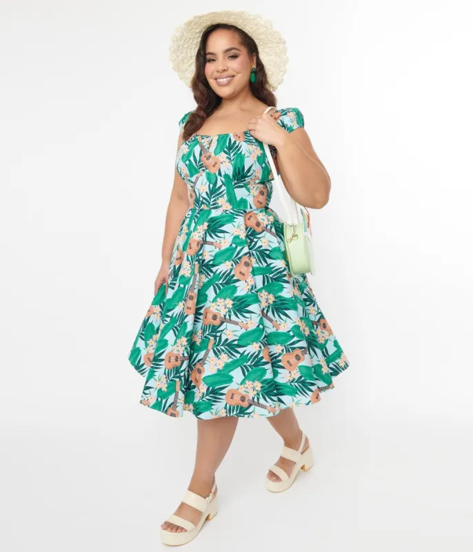 Hell Bunny Light Blue & Green Tropical Ukulele Swing Dress sold by Unique Vintage