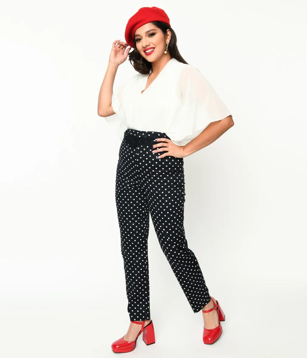 Collectif Black & White Polka Dot Belted Thea Pants sold by Unique Vintage