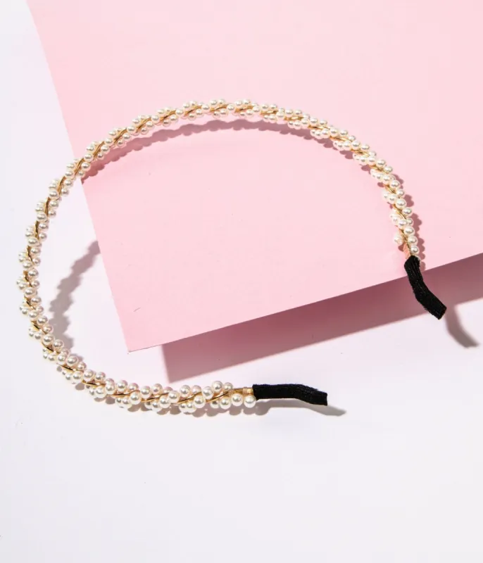 Gold & Faux Pearl Twisted Vine Thin Headband sold by Unique Vintage