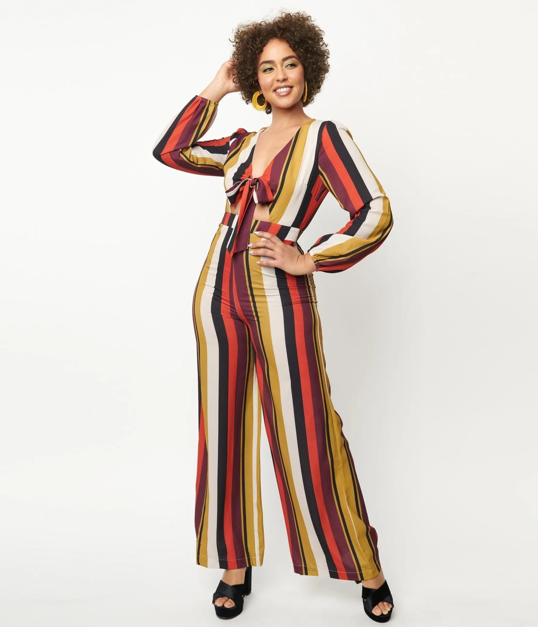 1970s Red & Mustard Stripe Front Tie Jumpsuit sold by Unique Vintage product image thumbnail 4