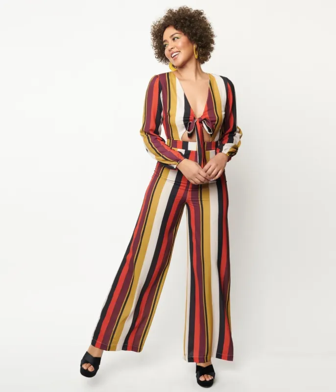 1970s Red & Mustard Stripe Front Tie Jumpsuit sold by Unique Vintage