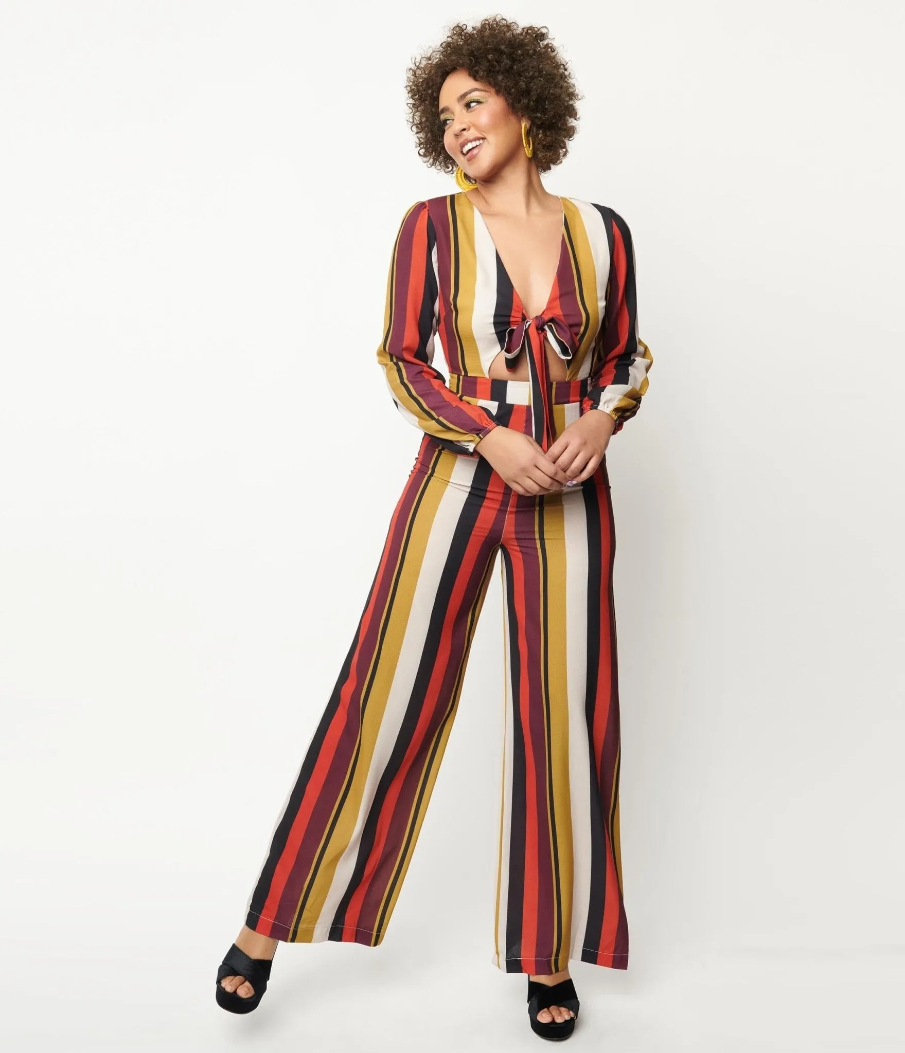 1970s Red & Mustard Stripe Front Tie Jumpsuit sold by Unique Vintage