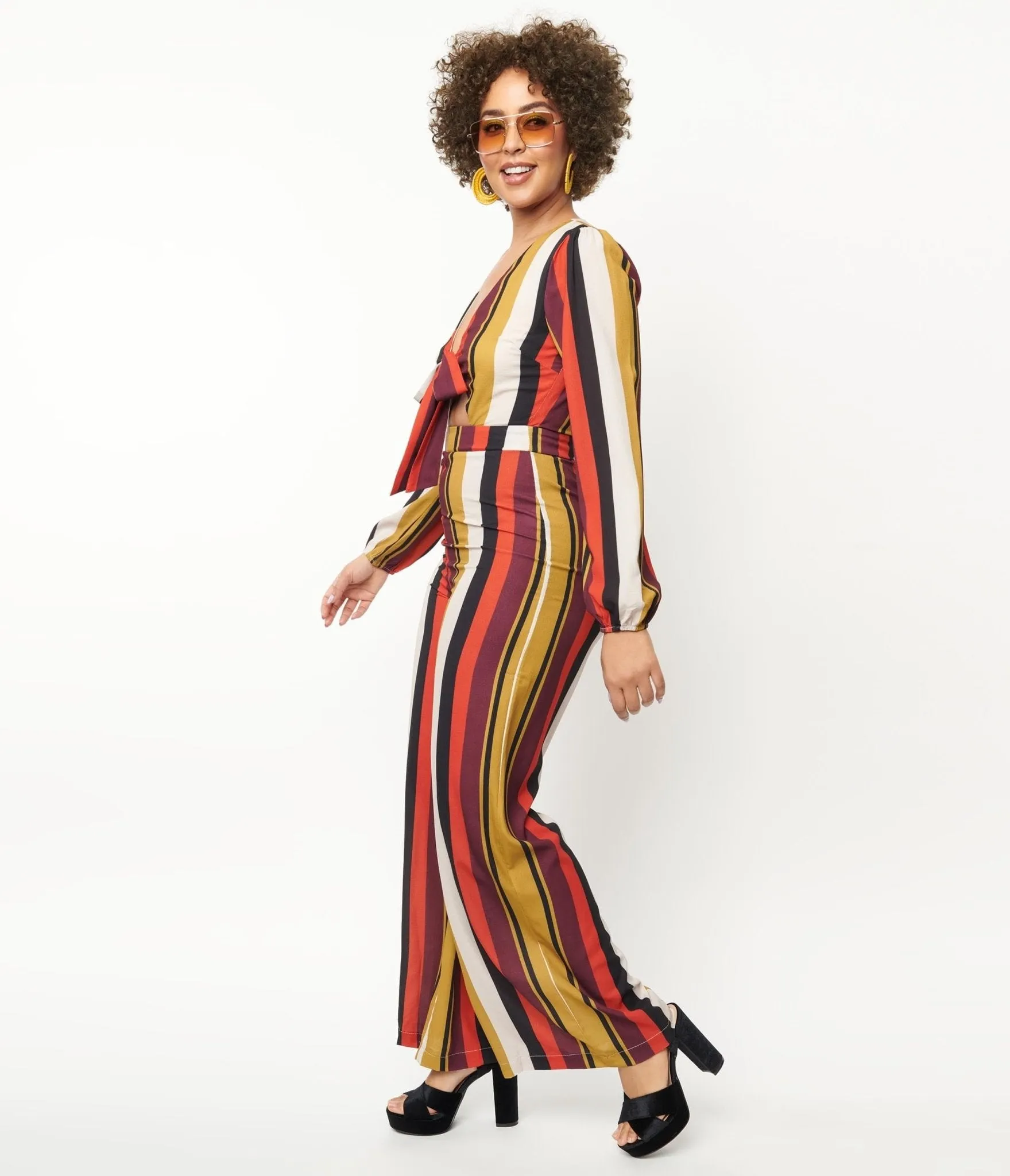 1970s Red & Mustard Stripe Front Tie Jumpsuit sold by Unique Vintage product image thumbnail 5