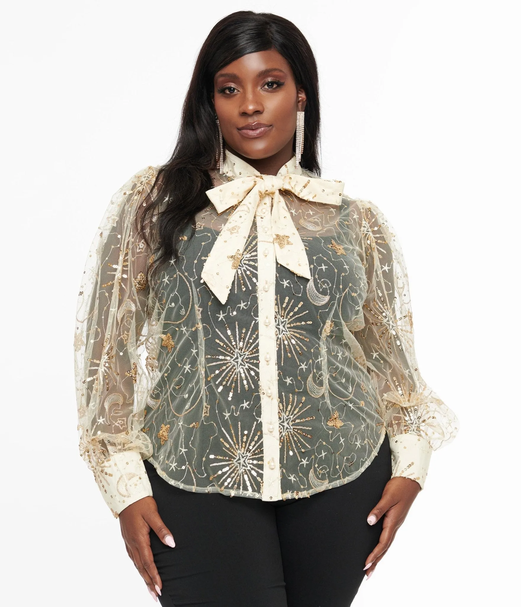 Unique Vintage Plus Size Champagne Celestial Sequin Sheer Gwen Blouse sold by Unique Vintage product image thumbnail 3