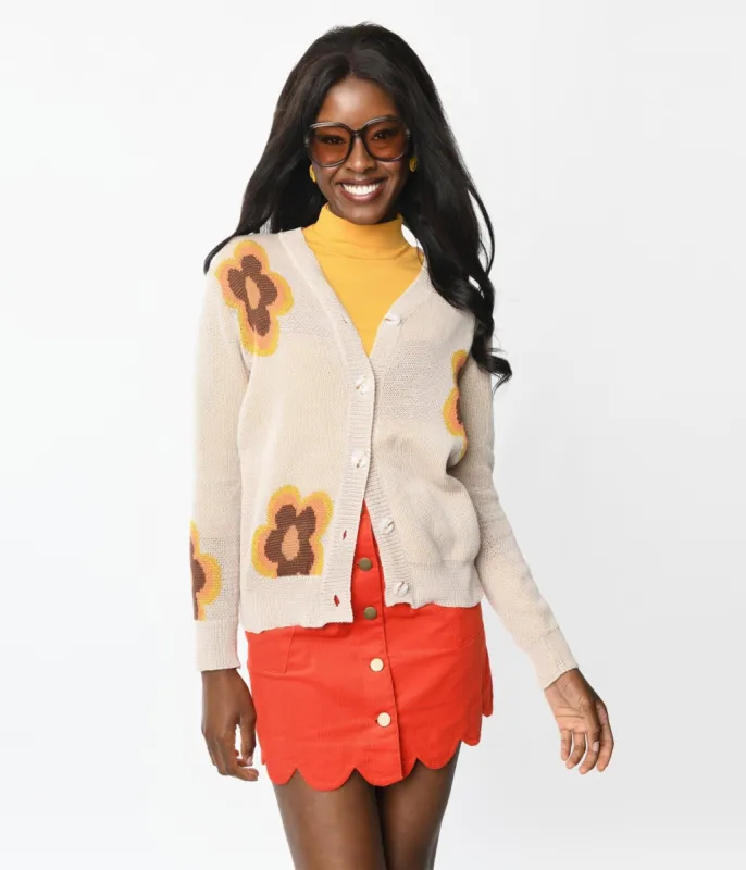Retro Beige Mod Floral Cardigan sold by Unique Vintage