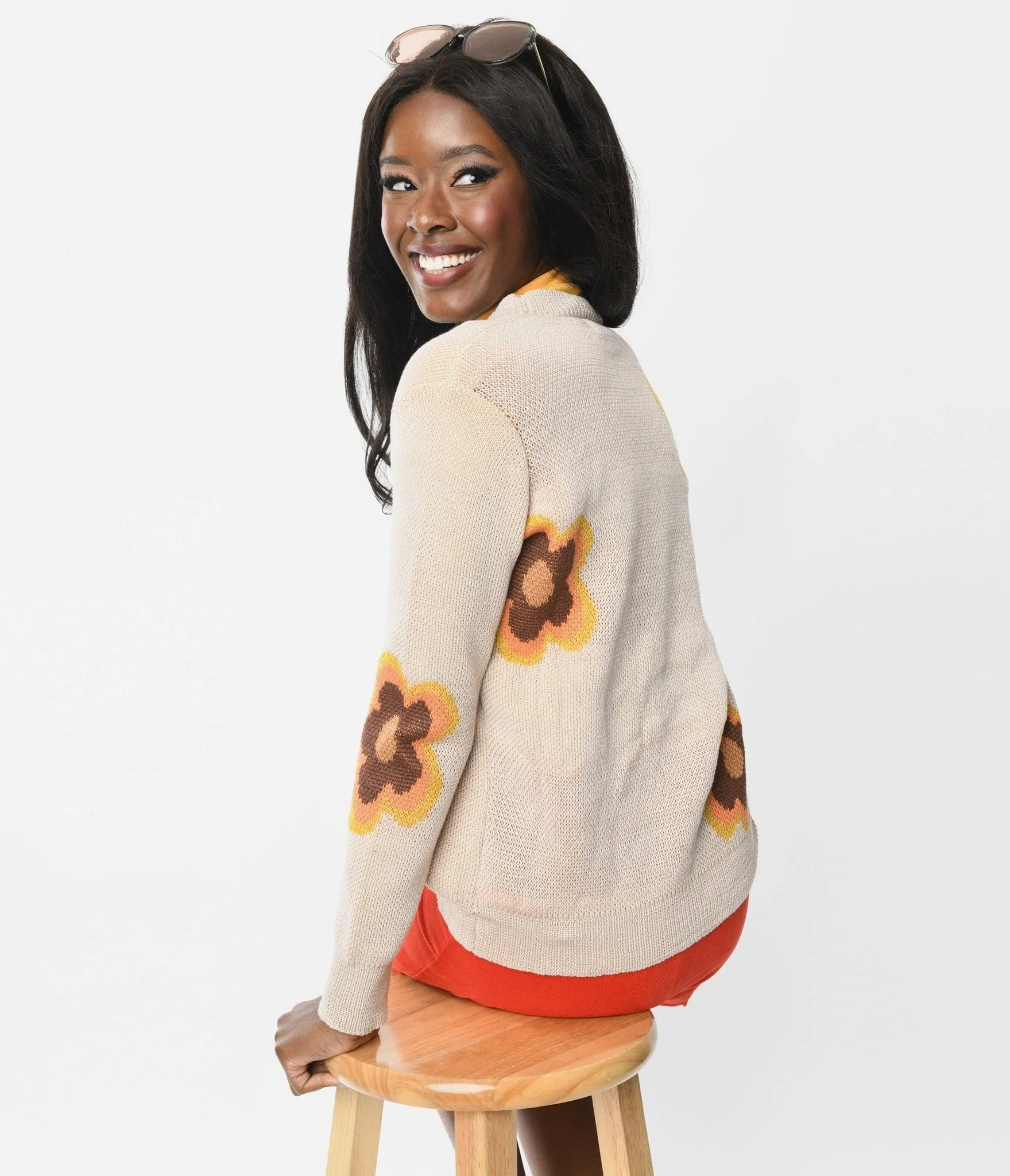 Retro Beige Mod Floral Cardigan sold by Unique Vintage product image thumbnail 2