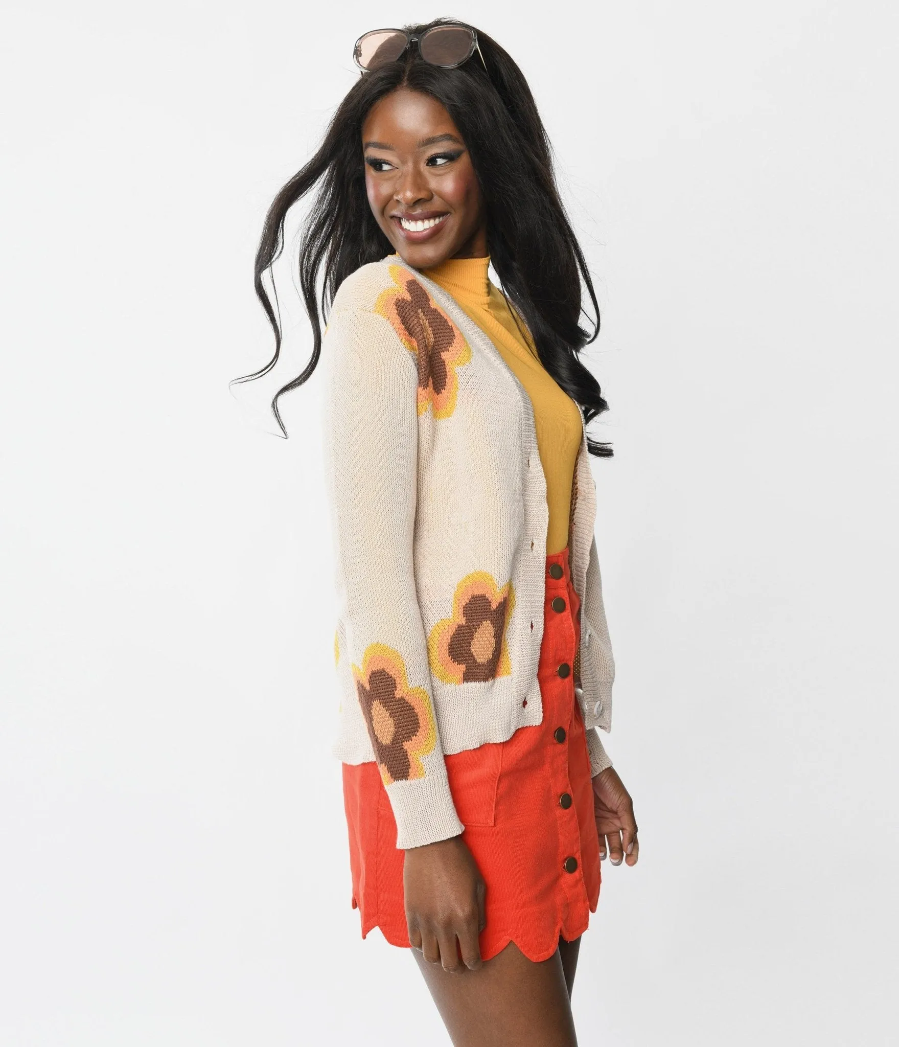 Retro Beige Mod Floral Cardigan sold by Unique Vintage product image thumbnail 3