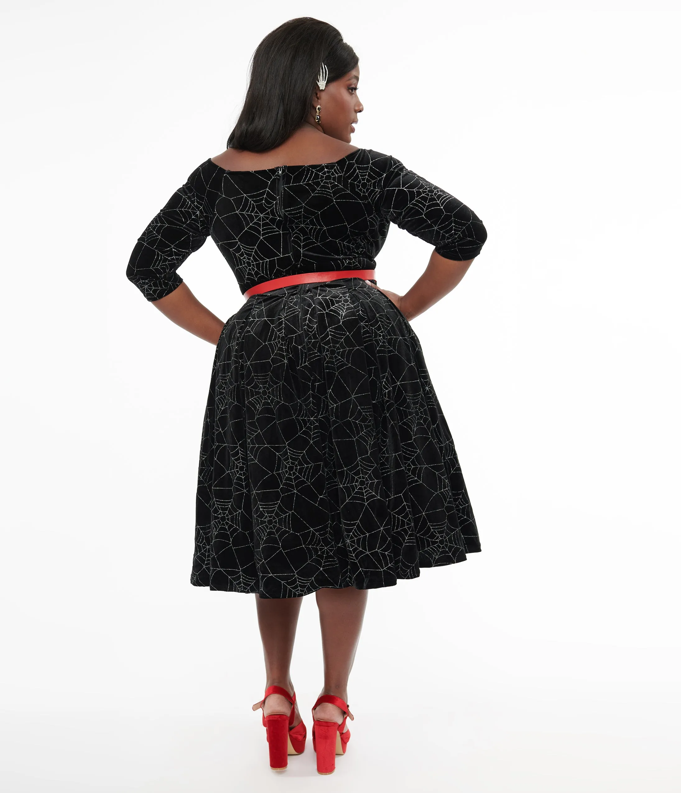 Unique Vintage Plus Size 1950s Black Velvet & Silver Spiderweb Marceline Swing Dress sold by Unique Vintage product image thumbnail 3