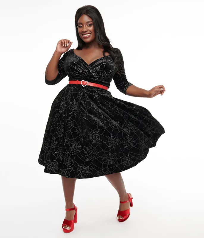 Unique Vintage Plus Size 1950s Black Velvet & Silver Spiderweb Marceline Swing Dress sold by Unique Vintage