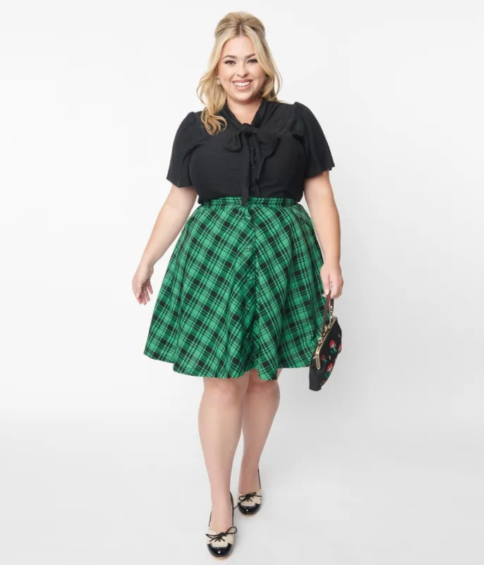 Unique Vintage Green & Black Plaid Swing Skirt sold by Unique Vintage