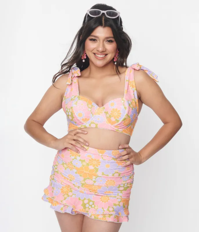 Unique Vintage Avocado & Multicolor Daisy Print Totally Tied Up Swim Top sold by Unique Vintage