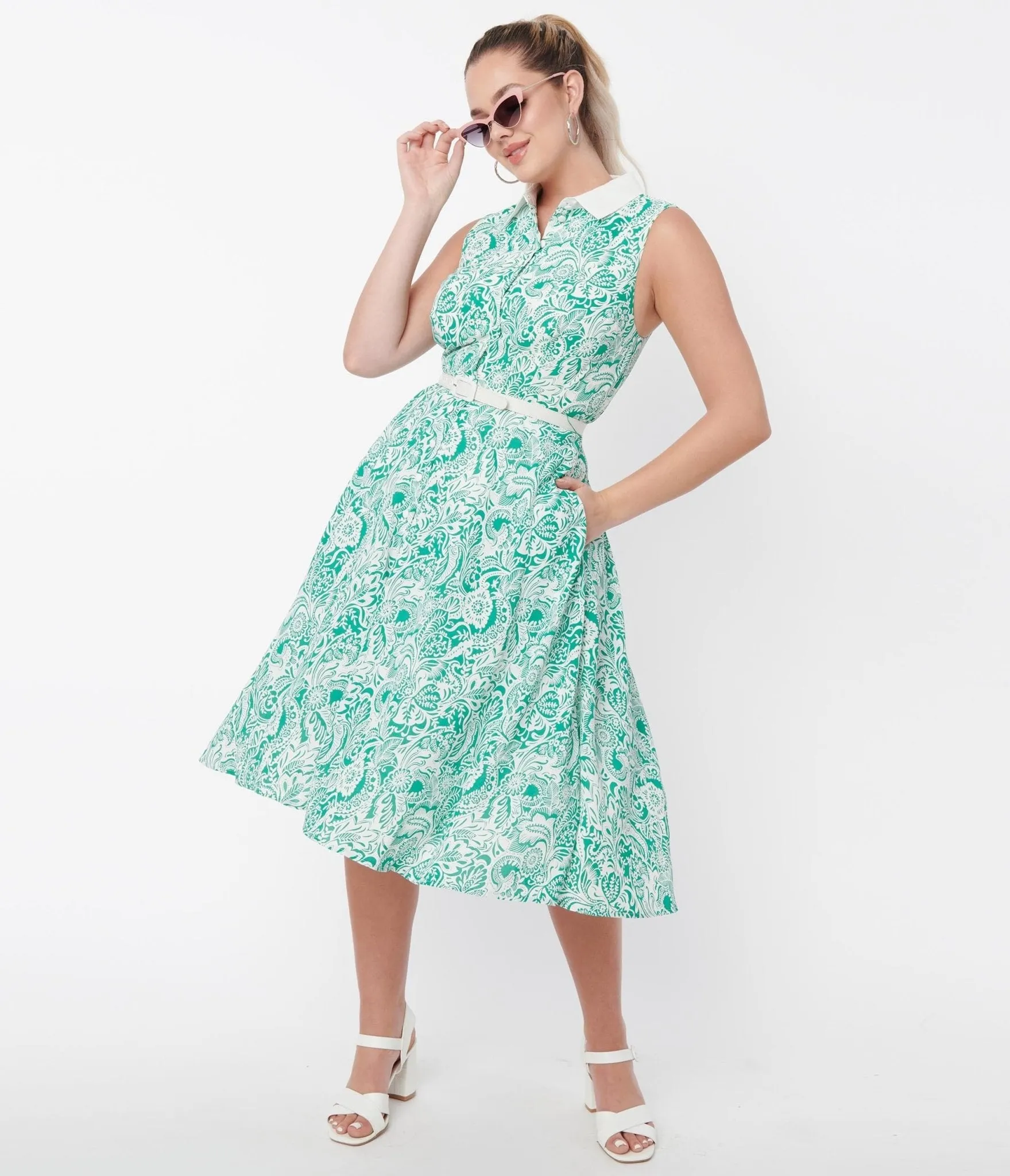 Unique Vintage 1940s Green & White Paisley Floral Darlene Swing Dress sold by Unique Vintage