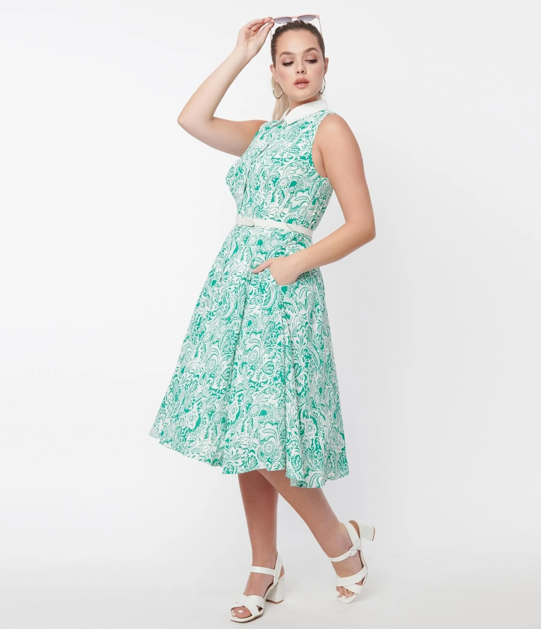 Unique Vintage 1940s Green & White Paisley Floral Darlene Swing Dress sold by Unique Vintage product image thumbnail 4