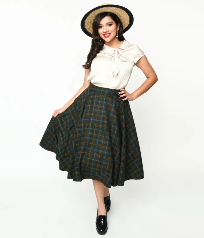 Blue & Green Check Plaid Swing Skirt sold by Unique Vintage