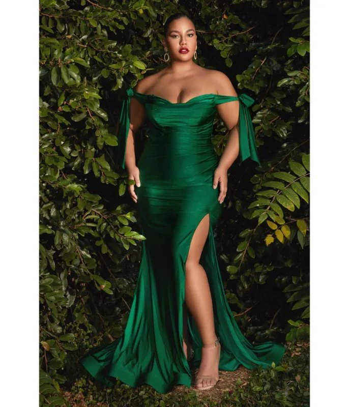 Ladivine by Cinderella Divine Plus Size Emerald Off The Shoulder Tie Bridesmaid Gown sold by Unique Vintage