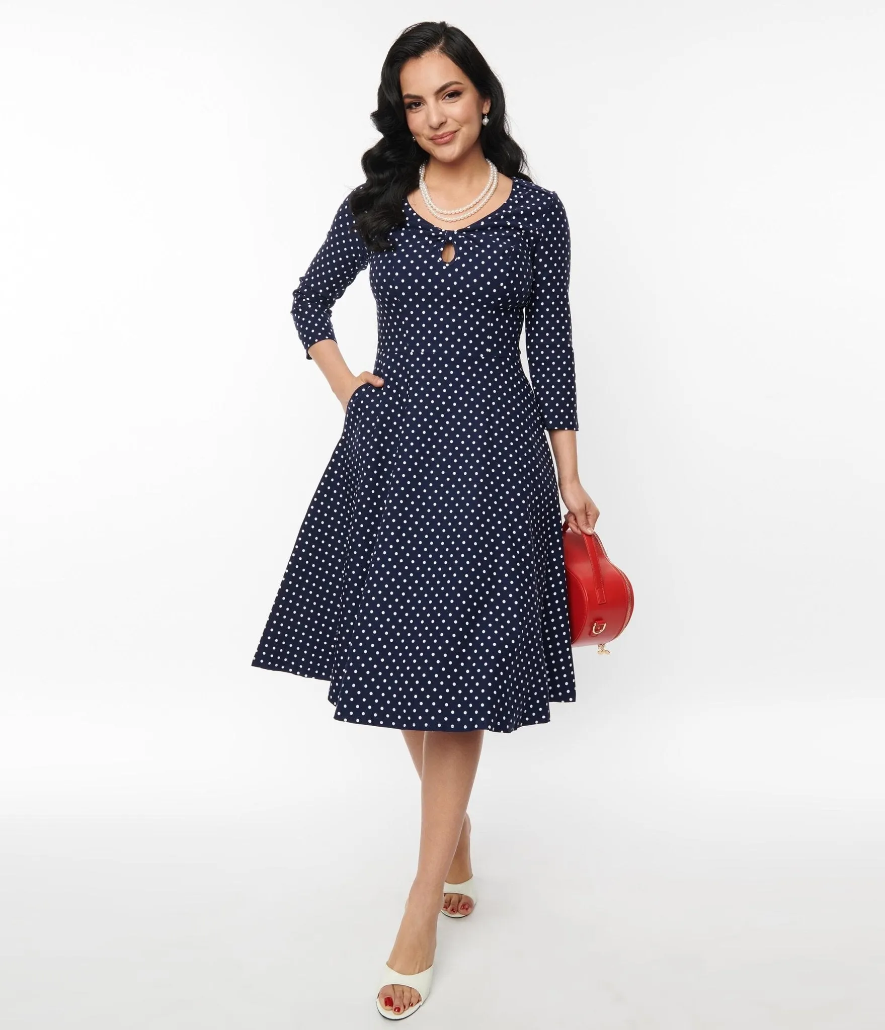 Unique Vintage Navy Pin Dot Keyhole Neck Swing Dress sold by Unique Vintage product image thumbnail 4
