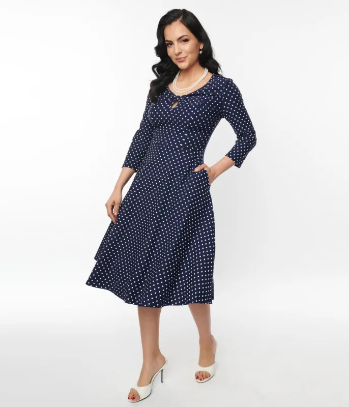 Unique Vintage Navy Pin Dot Keyhole Neck Swing Dress sold by Unique Vintage