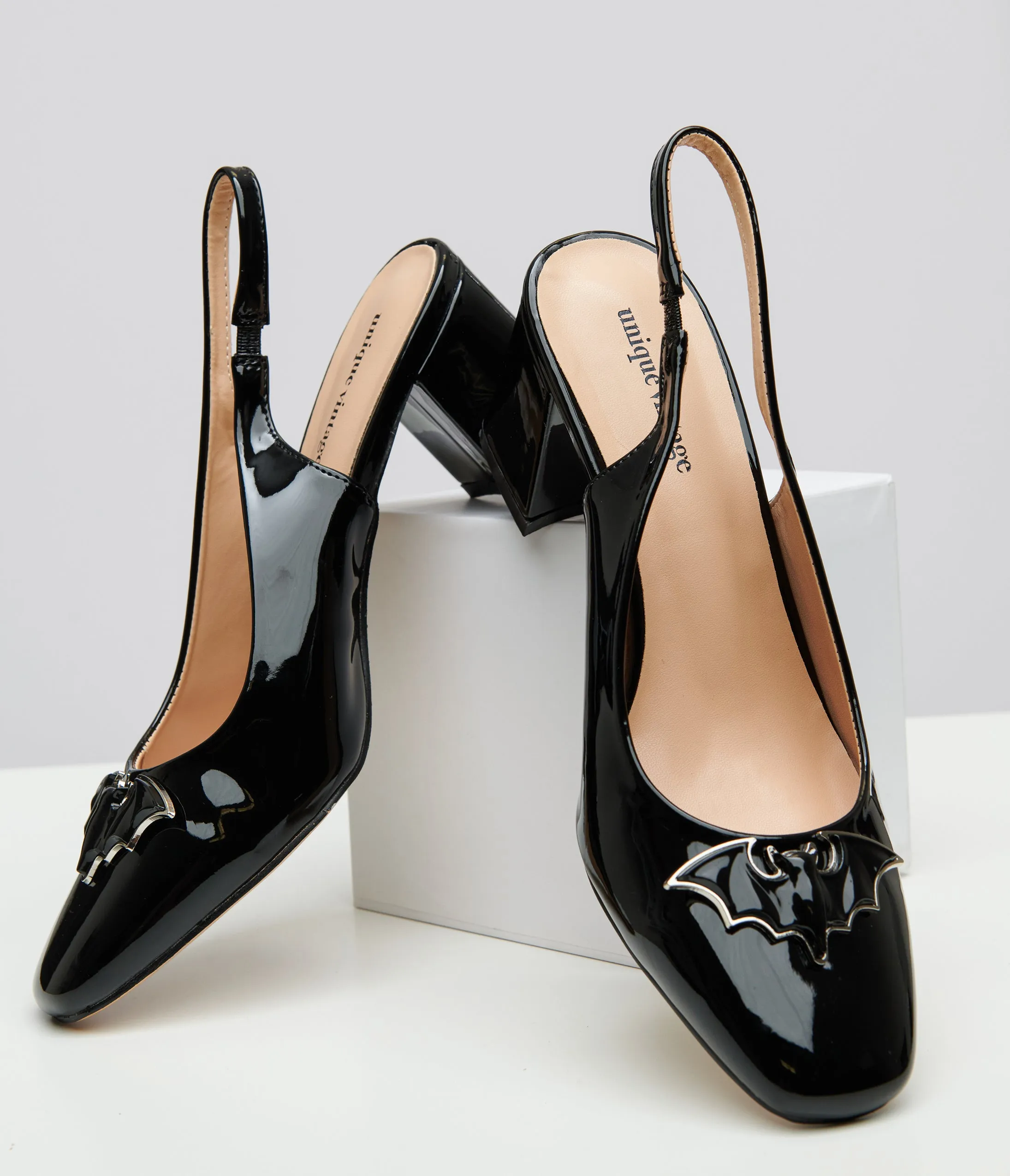 Unique Vintage Black Bat Leatherette Slingback Heels sold by Unique Vintage