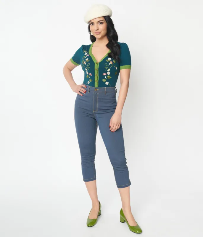Unique Vintage Denim Mushroom & Daisy Embroidered Rachelle Capri Pants sold by Unique Vintage