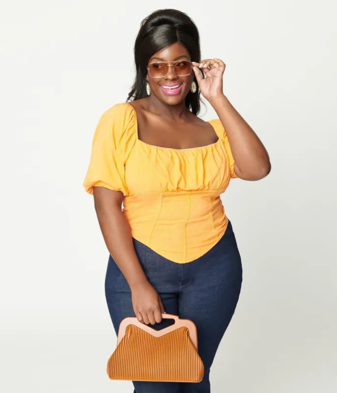 Plus Size Tangerine Faux Corset Puff Sleeve Crop Top sold by Unique Vintage