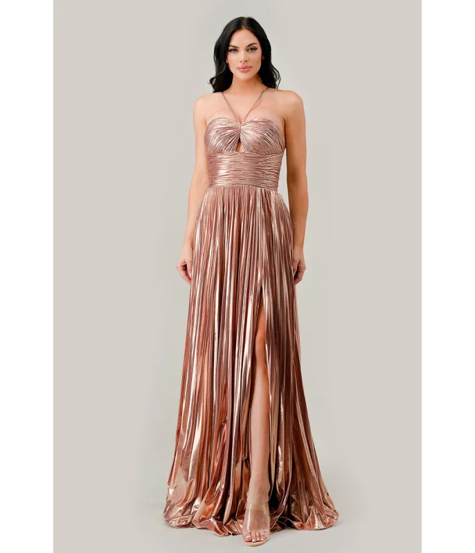 Cinderella Divine Metallic Rose Gold Pleated Halter Prom Dress sold by Unique Vintage