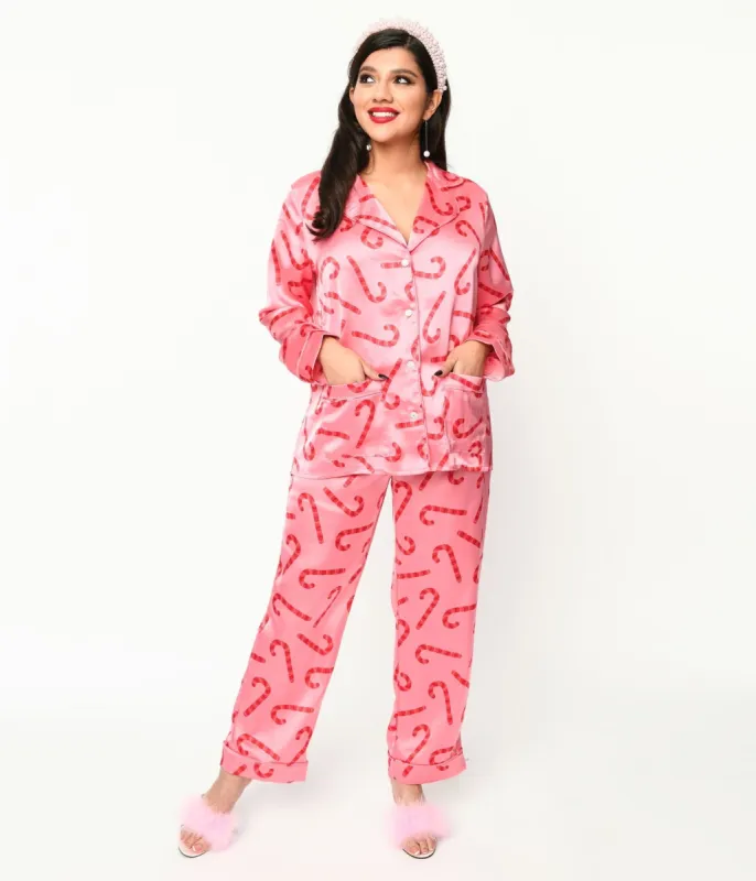 Pink Candy Cane Satin Pajama Set sold by Unique Vintage