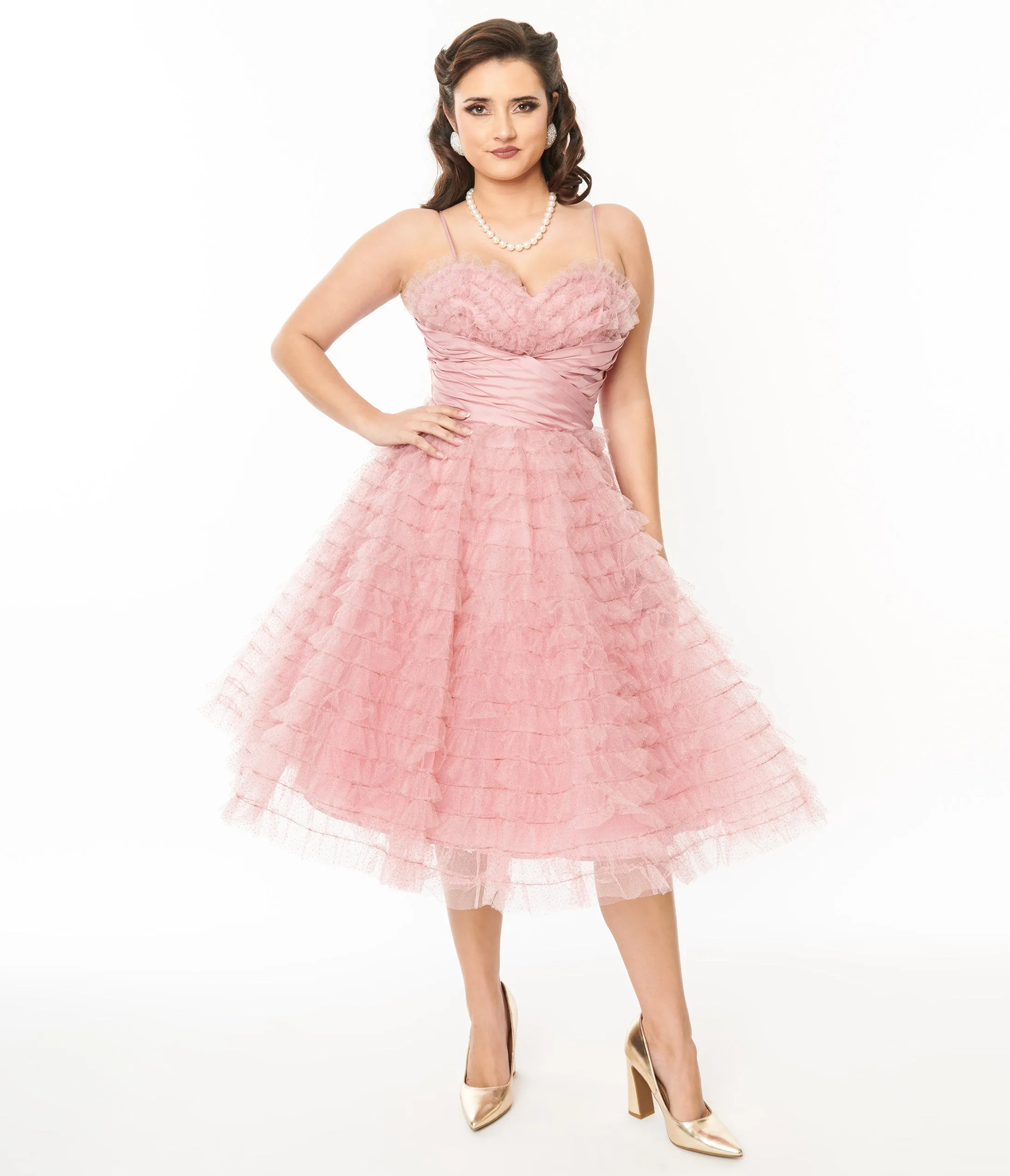 Unique Vintage Dusty Rose Glitter Tulle Cupcake Swing Dress sold by Unique Vintage product image thumbnail 2