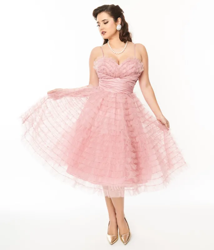 Unique Vintage Dusty Rose Glitter Tulle Cupcake Swing Dress sold by Unique Vintage