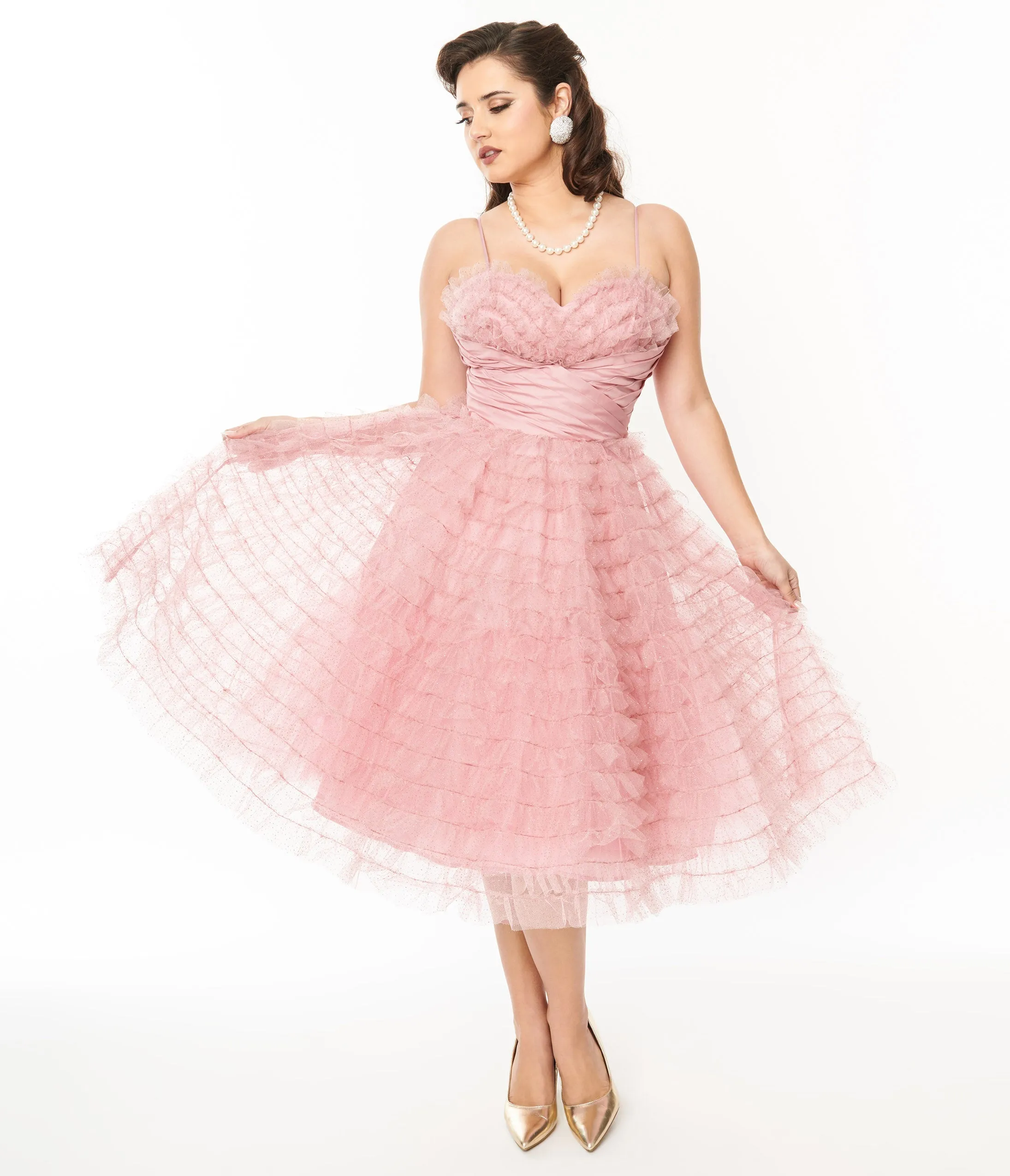 Unique Vintage Dusty Rose Glitter Tulle Cupcake Swing Dress sold by Unique Vintage