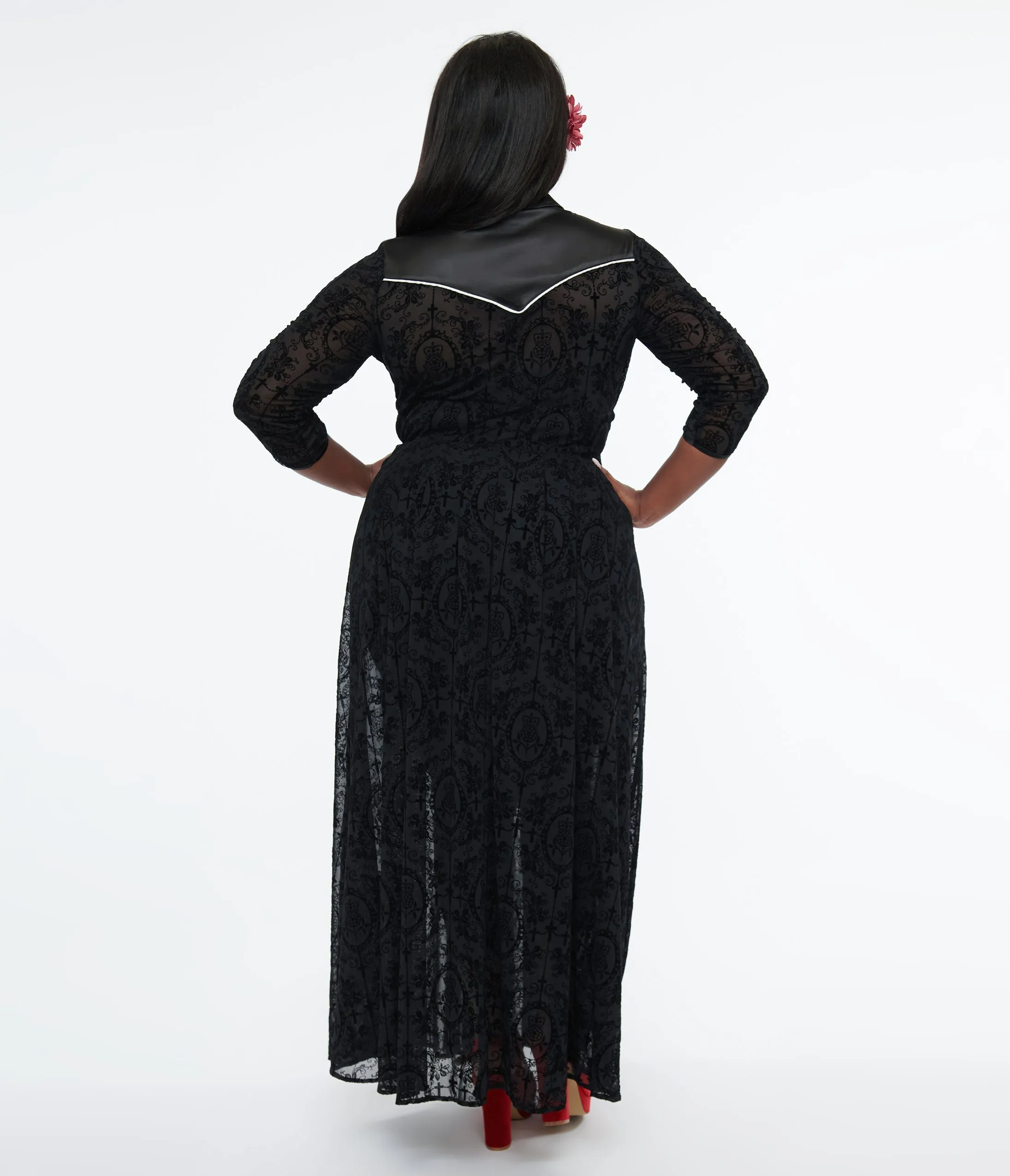 Unique Vintage Plus Size 1950s Black Flocked La Caterina Dia De Los Muertos Western Duster sold by Unique Vintage product image thumbnail 3