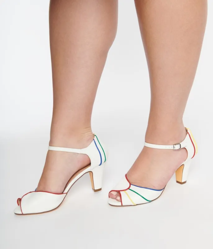 Chelsea Crew White & Rainbow Piping Larisa Heels sold by Unique Vintage