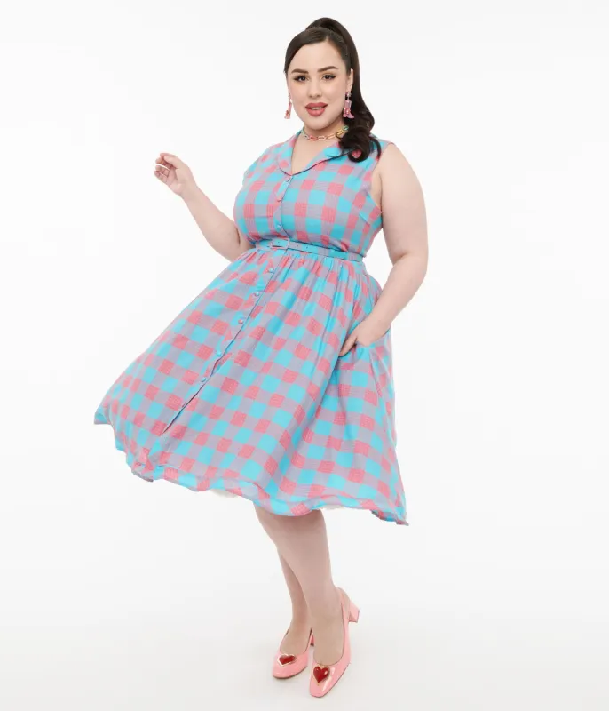 Dolly & Dotty 1950s Pink & Blue Gingham Cotton Swing Dress sold by Unique Vintage