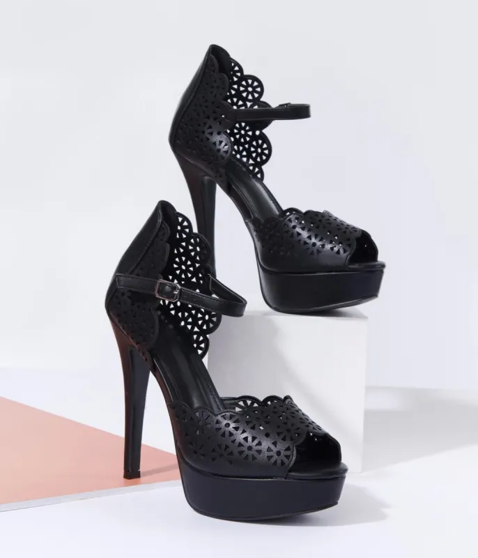 Black Leatherette Faux Lace Platform Heels sold by Unique Vintage