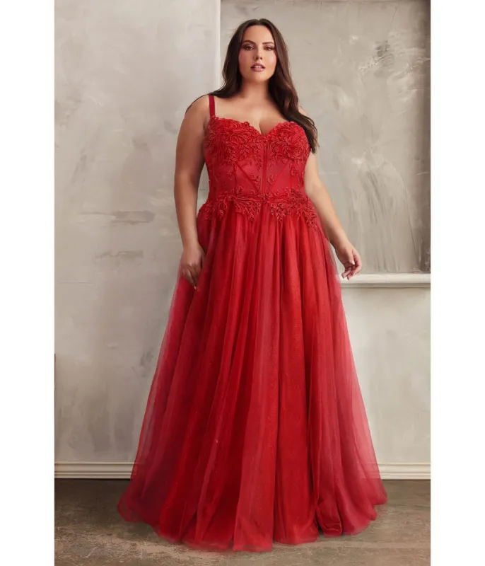 Cinderella Divine  Plus Size Red Foliage Applique Corset Tulle Gown sold by Unique Vintage