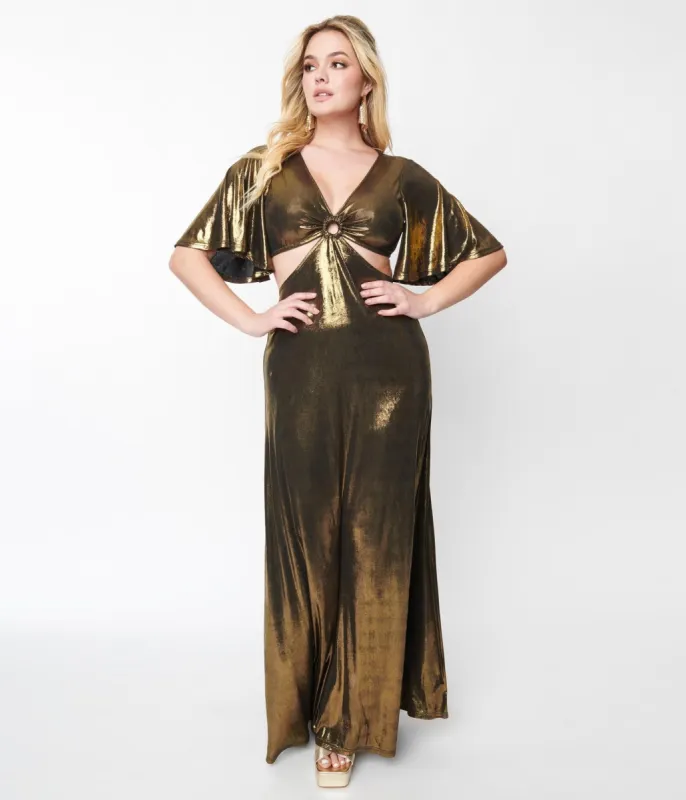 Smak Parlour 1970s Metallic Gold Knit Maxi Dress sold by Unique Vintage